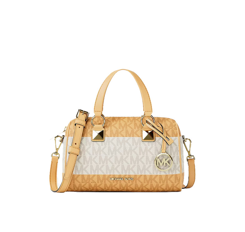 Michael Kors Women's Grayson Small Striped Signature Logo Duffel Crossbody Bag Honeywheat/Gold