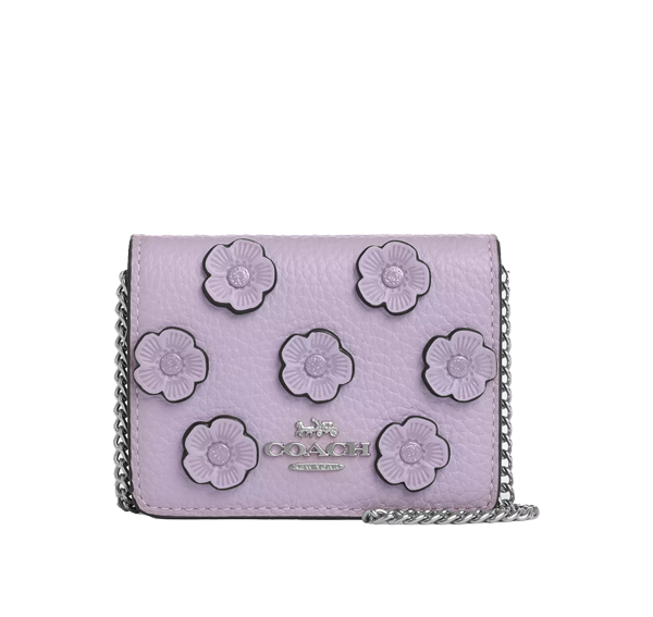 Coach Women's Mini Wallet On A Chain With Floral Applique Silver/Lilac