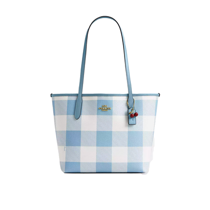 Coach Women's Medium City Tote Bag With Gingham Print And Charm Gold/Blue Multi