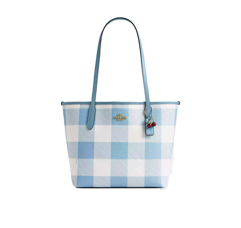 Coach Women's Medium City Tote Bag With Gingham Print And Charm Gold/Blue Multi