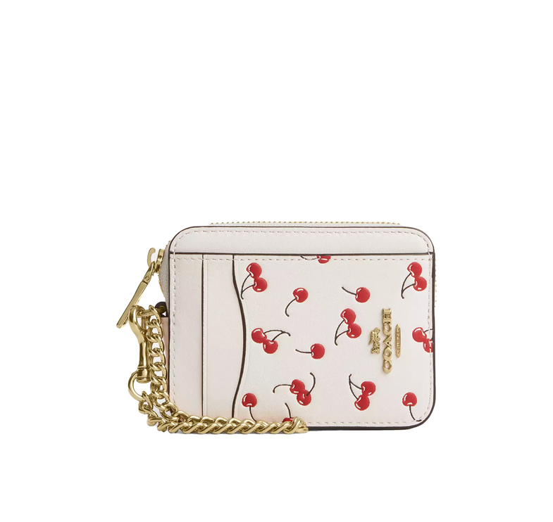 Coach Women's Zip Card Case With Cherry Print Gold/Chalk Multi