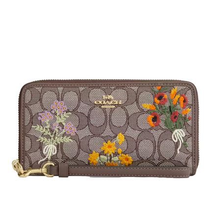 Coach Women's Long Zip Around Wallet In Signature Jacquard With Floral Embroidery Gold/Oak Multi