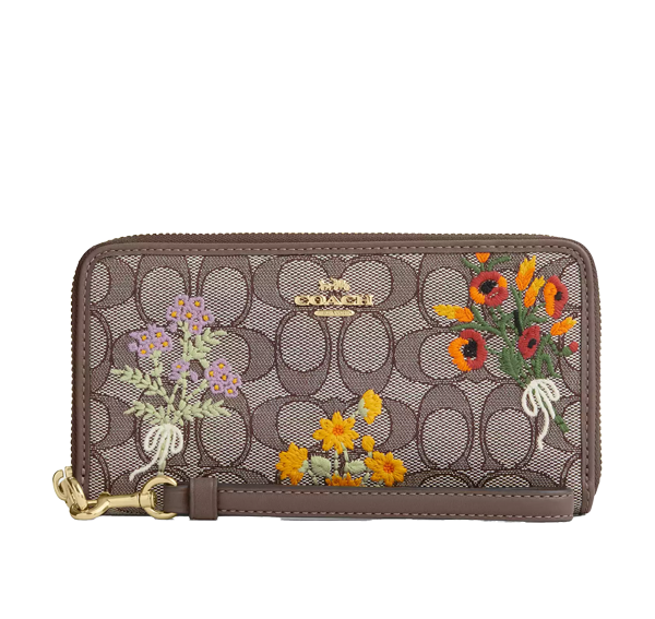 Coach Women's Long Zip Around Wallet In Signature Jacquard With Floral Embroidery Gold/Oak Multi