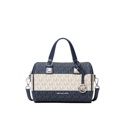 Michael Kors Women's Grayson Small Striped Signature Logo Duffel Crossbody Bag Navy/Silver