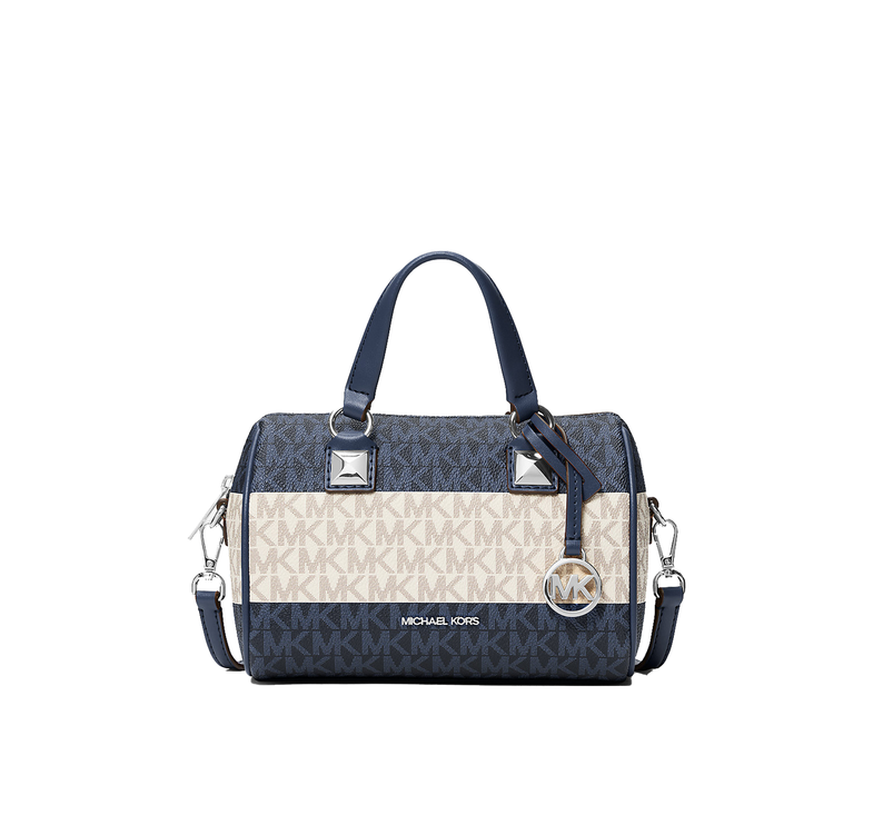 Michael Kors Women's Grayson Small Striped Signature Logo Duffel Crossbody Bag Navy/Silver