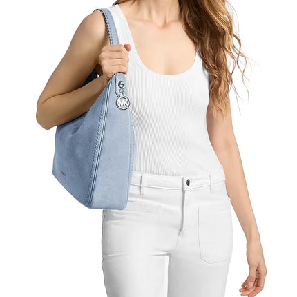 Michael Kors Women's Nayla Medium Suede Hobo Shoulder Bag Pale Ocean/Silver
