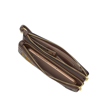 Coach Women's Double Zip Wristlet In Signature Jacquard With Floral Embroidery Gold/Oak Multi