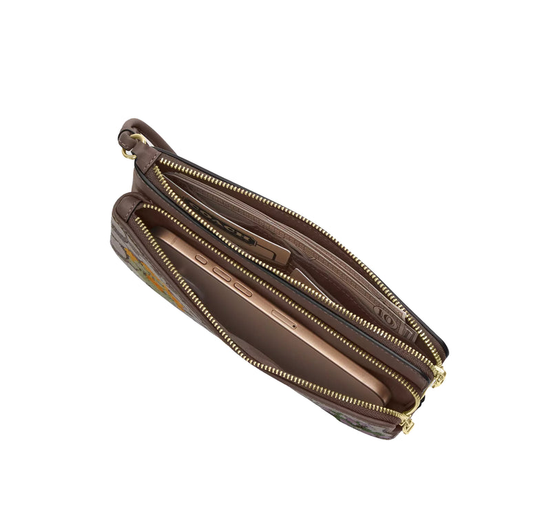 Coach Women's Double Zip Wristlet In Signature Jacquard With Floral Embroidery Gold/Oak Multi