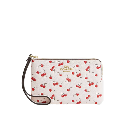 Coach Women's Corner Zip Wristlet With Cherry Print Gold/Chalk Multi