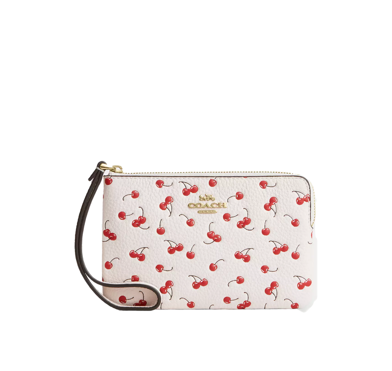 Coach Women's Corner Zip Wristlet With Cherry Print Gold/Chalk Multi