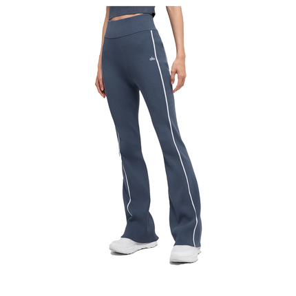 alo Women's Ribbed Sweater Knit Highline Flare Pant Bluestone/White