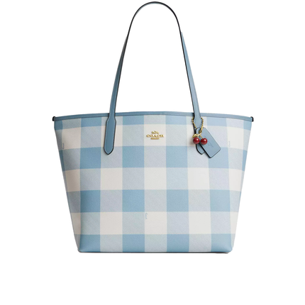 Coach Women's City Tote Bag With Gingham Print And Charm Gold/Blue Multi