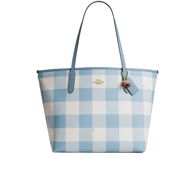 Coach Women's City Tote Bag With Gingham Print And Charm Gold/Blue Multi