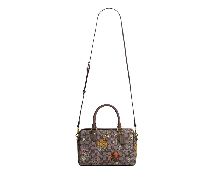 Coach Women's Rowan Satchel Bag In Signature Jacquard With Floral Embroidery Gold/Oak Multi