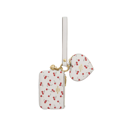 Coach Women's Wristlet And Heart Pouch With Cherry Print And Charm Gold/Chalk Multi