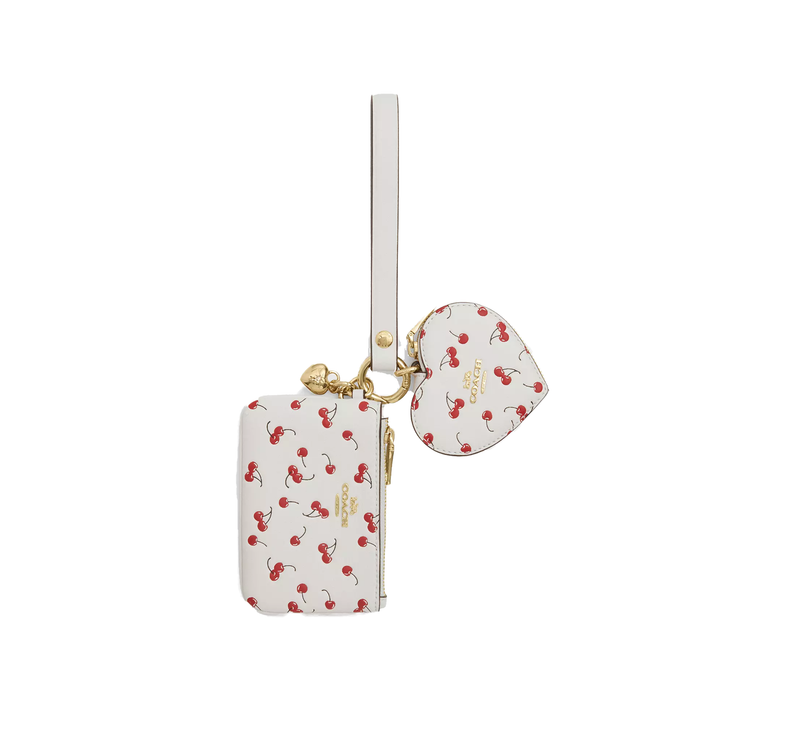 Coach Women's Wristlet And Heart Pouch With Cherry Print And Charm Gold/Chalk Multi