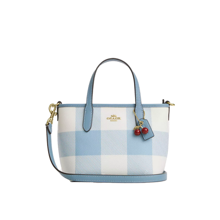 Coach Women's City Mini Tote Bag With Gingham Print And Charm Gold/Blue Multi