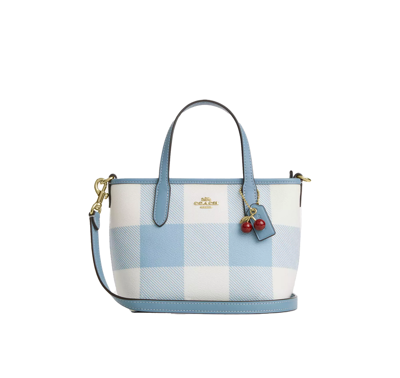 Coach Women's City Mini Tote Bag With Gingham Print And Charm Gold/Blue Multi