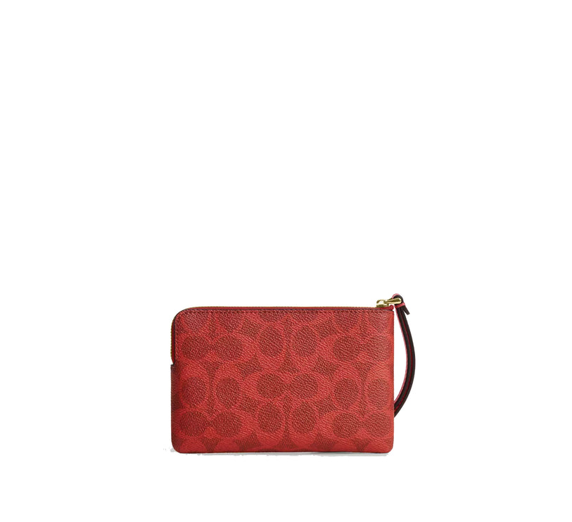 Coach Women's Corner Zip Wristlet In Signature Canvas Gold/Crimson
