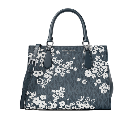 Michael Kors Women's Marilyn Medium Printed Signature Logo Satchel Bag Admiral/Silver
