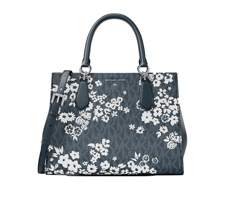 Michael Kors Women's Marilyn Medium Printed Signature Logo Satchel Bag Admiral/Silver