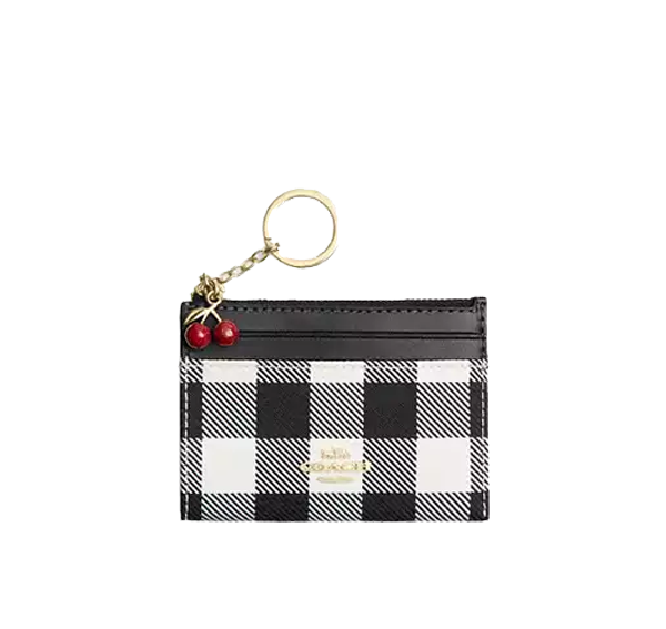 Coach Women's Mini Skinny Id Case With Gingham Print And Charm Gold/Black Multi