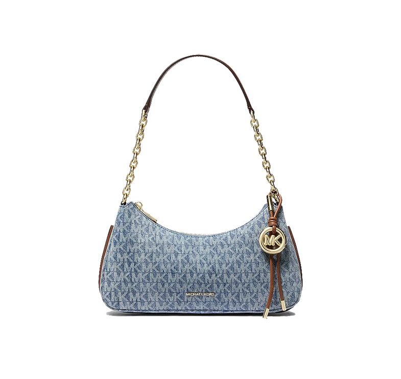 Michael Kors Women's Nolita Medium Signature Logo Print Denim Chain Pochette New Horizon/Gold