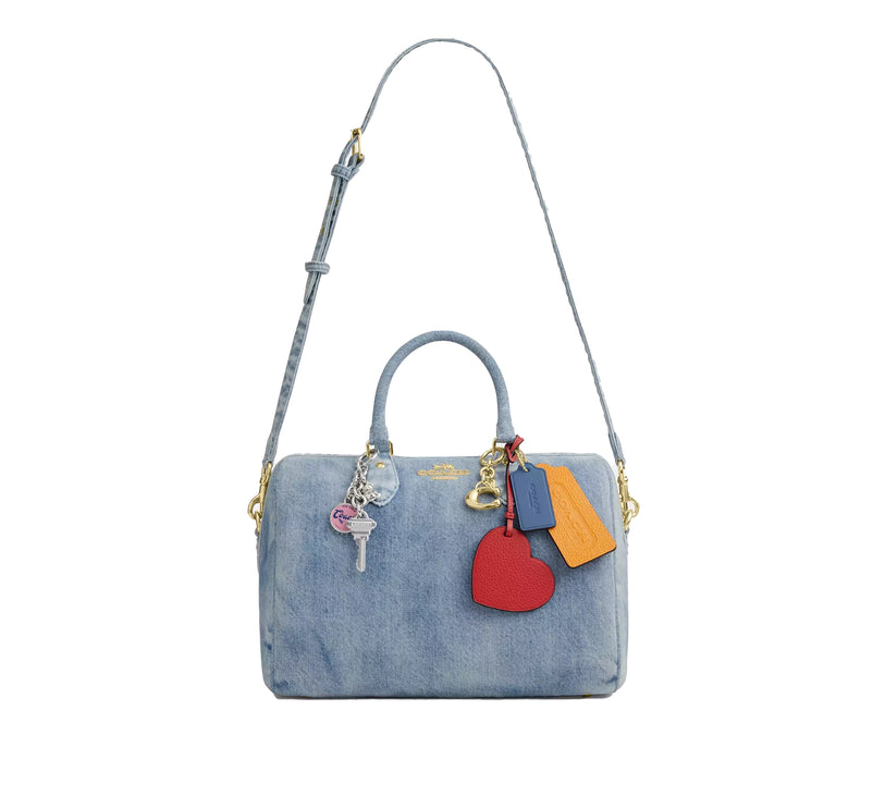 Coach Women's Rowan Large Satchel Bag In Loved Denim With Charms Gold/Light Indigo
