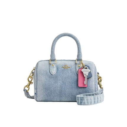 Coach Women's  Mini Rowan Crossbody Bag In Loved Denim With Charms Gold/Light Indigo