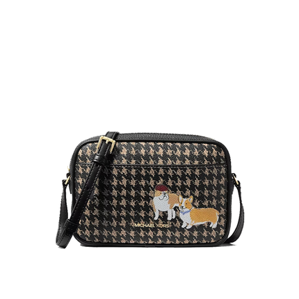 Michael Kors Women's Jet Set Travel Small Houndstooth Print Camera Crossbody Bag Black/Camel