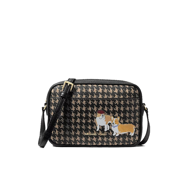 Michael Kors Women's Jet Set Travel Small Houndstooth Print Camera Crossbody Bag Black/Camel