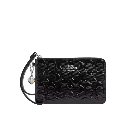 Coach Women's Corner Zip Wristlet In Signature Leather With Heart Charm Silver/Black