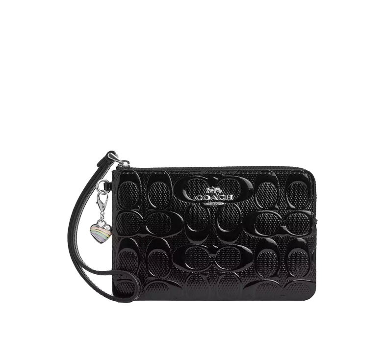 Coach Women's Corner Zip Wristlet In Signature Leather With Heart Charm Silver/Black