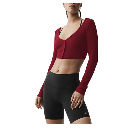 alo Women's Ribbed Cropped Whisper Cardigan Summer Romance Red