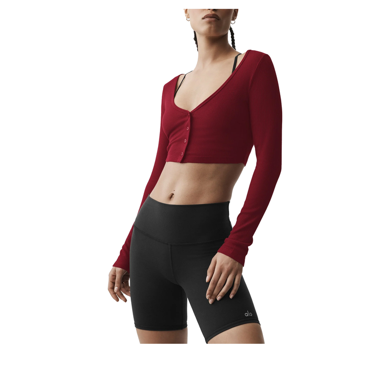 alo Women's Ribbed Cropped Whisper Cardigan Summer Romance Red