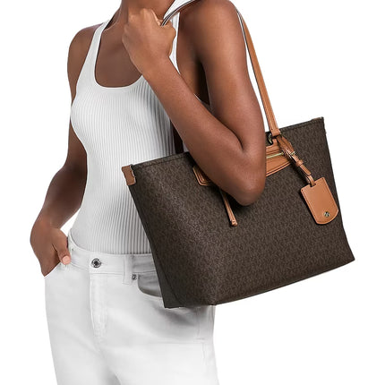 Michael Kors Women's Jet Set Travel Medium Signature Logo Tote Bag Brown/Acorn/Gold