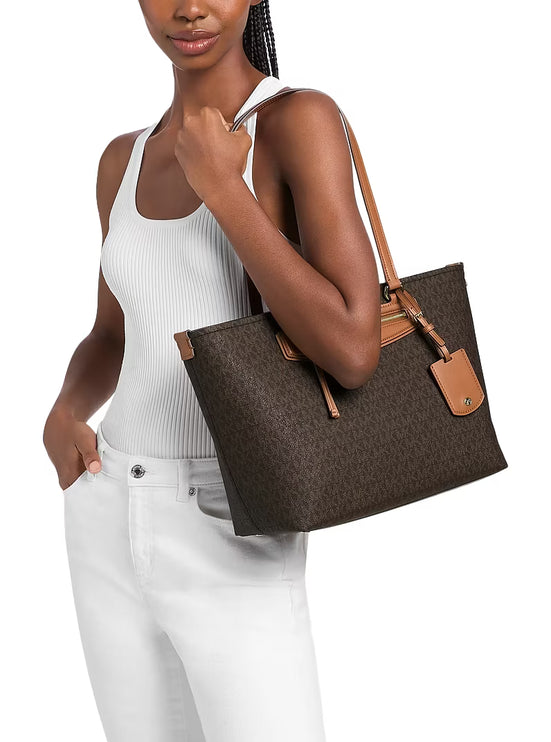 Michael Kors Women's Jet Set Travel Medium Signature Logo Tote Bag Brown/Acorn/Gold