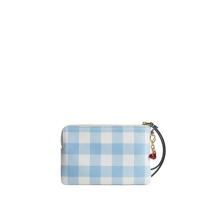 Coach Women's Corner Zip Wristlet With Gingham Print And Charm Gold/Blue Multi