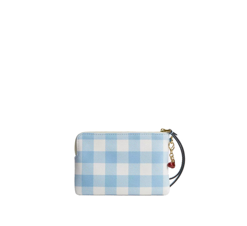 Coach Women's Corner Zip Wristlet With Gingham Print And Charm Gold/Blue Multi