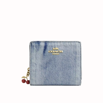 Coach Women's Snap Wallet In Loved Denim With Charm Gold/Light Indigo