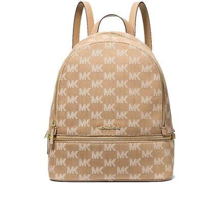 Michael Kors Women's Rhea Medium Logo Jacquard Denim Backpack Camel/Gold