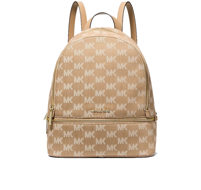 Michael Kors Women's Rhea Medium Logo Jacquard Denim Backpack Camel/Gold