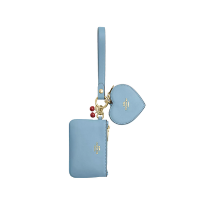 Coach Women's Wristlet And Heart Pouch With Charm Gold/Light Blue