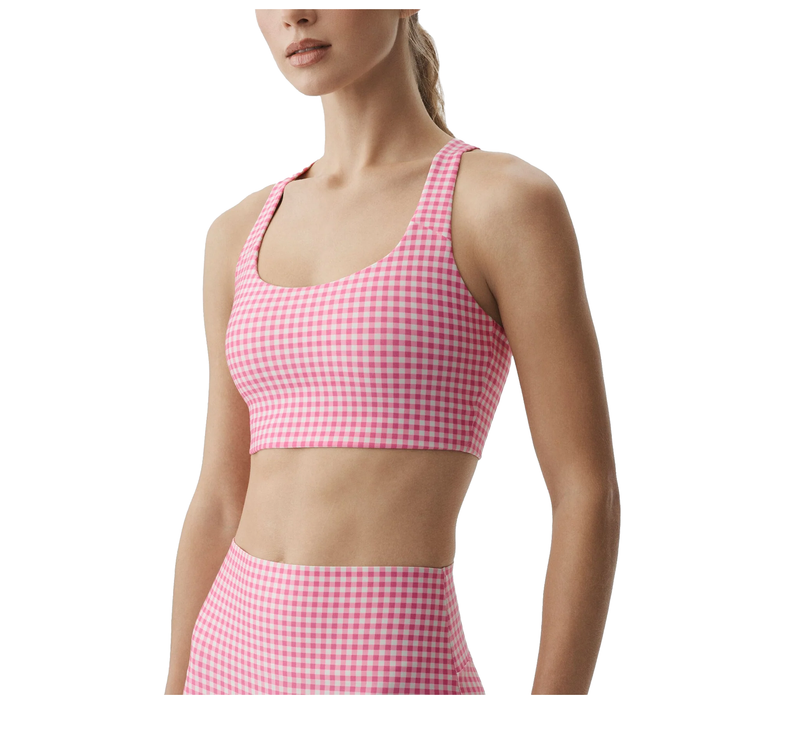 alo Women's Airlift Gingham Sleek Bra Tank Paradise Pink Gingham
