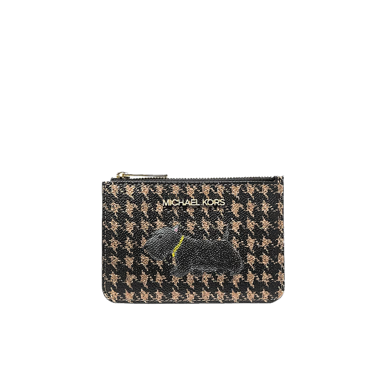 Michael Kors Women's Jet Set Travel Small Printed Houndstooth Print Coin Pouch Black/Camel