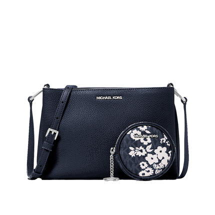 Michael Kors Women's Trisha Pebbled Leather Crossbody Bag With Printed Signature Logo Pouch Navy/Silver