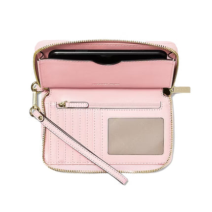 Michael Kors Women's Jet Set Travel Large Logo Jacquard Denim Smartphone Wallet Powder Blush/Gold