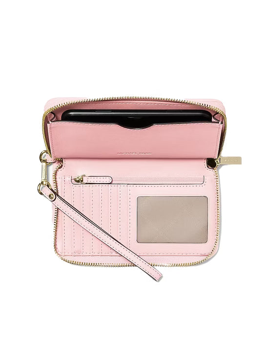 Michael Kors Women's Jet Set Travel Large Logo Jacquard Denim Smartphone Wallet Powder Blush/Gold