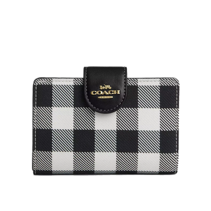 Coach Women's Medium Corner Zip Wallet With Gingham Print Gold/Black Multi