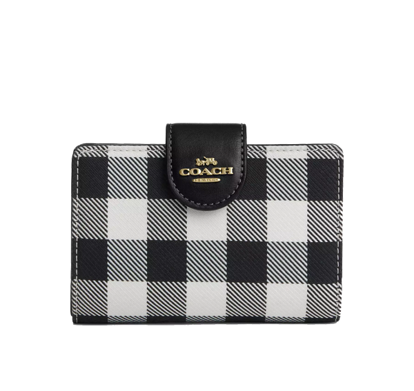 Coach Women's Medium Corner Zip Wallet With Gingham Print Gold/Black Multi
